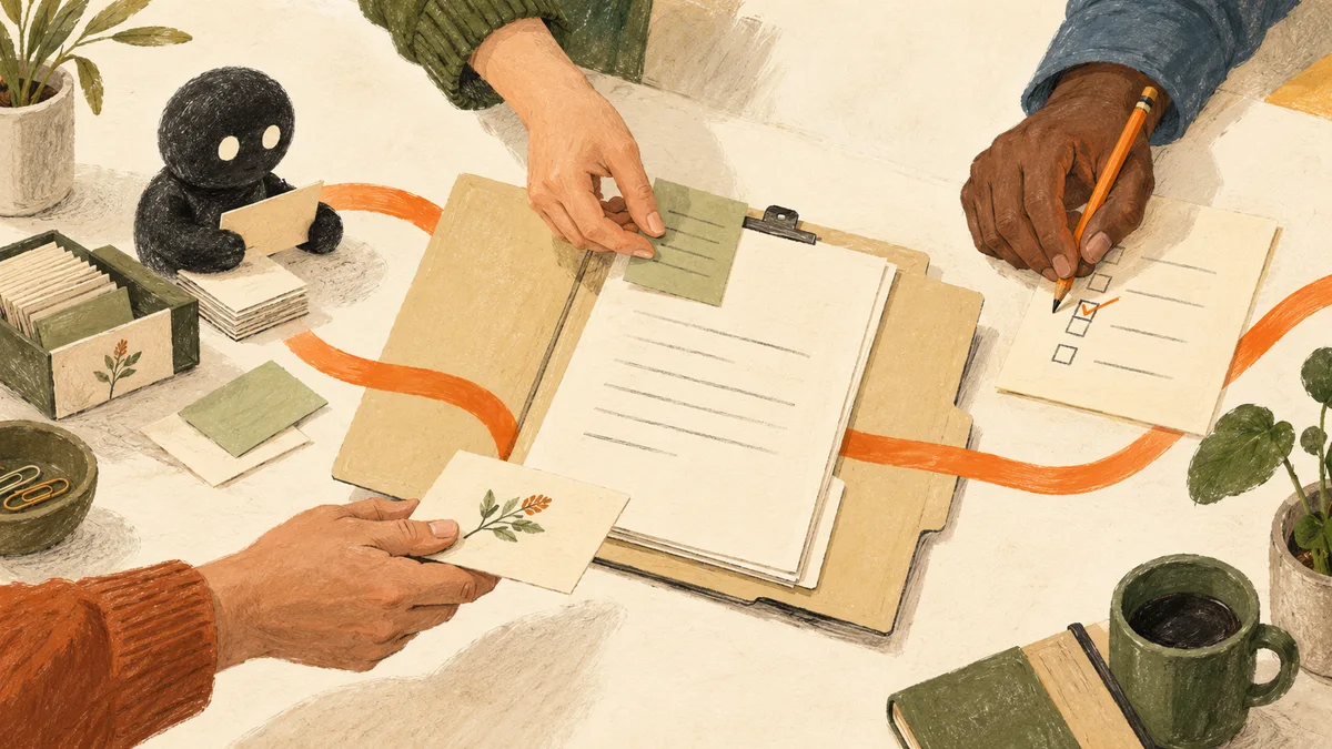 Several people working on one shared case folder while a small desk assistant helps organize notes